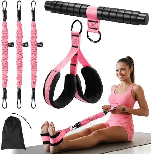 FormiPow Allenatore addominale con fascia di resistenza a pedale, 3 fasce di resistenza regolabili (circa 14-41 kg), per addome, vita, braccia, tronco e gambe (rosa)