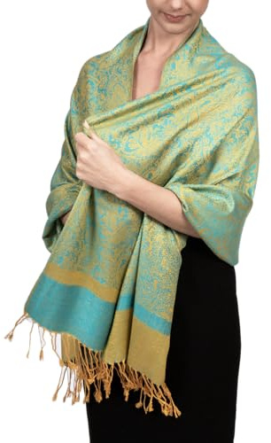 Achillea Écharpe pashmina vintage bicolore - Doux et léger - Pour robes, mariages, voyages, toutes saisons, Bleu/jaune., 72L x 28W