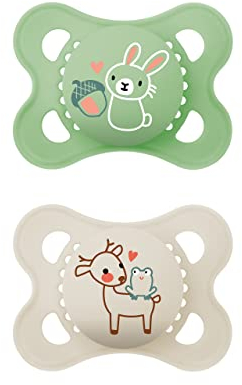MAM Original Latexschnuller im 2er-Set, Schnuller aus nachhaltigen, bio-erneuerbaren Materialien, Baby Schnuller mit symmetrischem & kiefergerechtem Sauger, 0-6 Monate, Hase/Reh