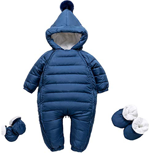 Y·J Back home Baby Down Snowsuit Waterproof Onepiece Snow Outfit Fleece Winter Coat Navy Pram Suit Costume 9 12 Months