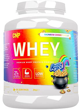 CNP Professional Premium Whey Protein Powder 2kg & 900g, 21g Protein, Low Carb, Easy Digestion, 66/30 Servings, Vegetarian, Halal, 12 Great Flavours (2kg, Rainbow Cookie)