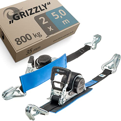 valonic Grizzly - 2X 5m XXL Automatik Spanngurt mit Haken, gepolstert, 35mm, 800/1600Kg, TÜV Rheinl. / GS Zertifiziert, EN 12195-2 - Spanngurte mit Ratsche, Zurrgurte für Motorrad, Auto, schwarz