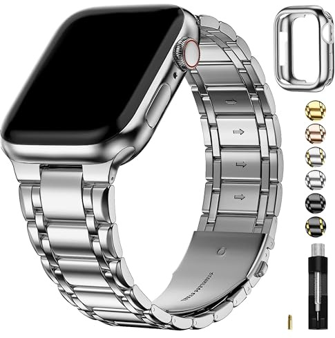 Fullmosa Rem kompatibel med Apple Watch, 45 mm, 44 mm, 42 mm, rostfritt stål, reserv, iWatch-band med TPU-skyddsfodral för serie 1–9, SE, silver