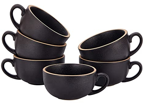 Coffeezone Set mit 6 Tassen im Vintage-Design, 340 ml, professionelle Barista-Keramik, Latte Art, Cappuccino-Tassen, raues Schwarz, 6 Stück