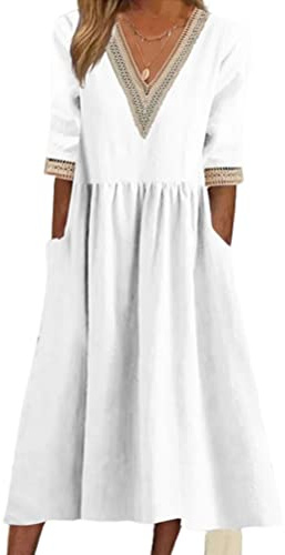 Onsoyours Femme Robe D'été Lin Ample Sport Décontractée Élégant Loisirs Vintage Col Rond avec Poche de Couleur Unie Midi