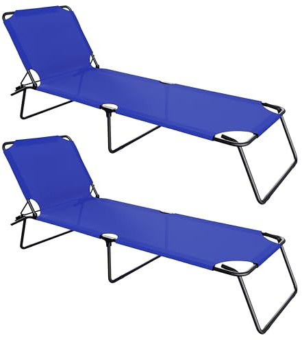 Bricozone Coppia Lettini da Mare Prendisole Pieghevole Struttura in Metallo Reclinabile Rivestimento in Tessuto Traspirante per Esterno Giardino Piscina Spiaggia Campeggio 24 x 187 x 53 cm Blu