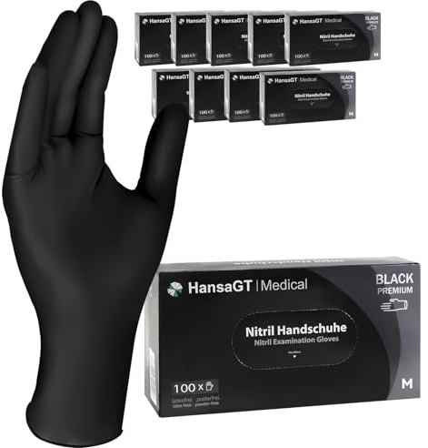 HansaGT Medical 1000 Stück Einweghandschuhe Schwarz M, Nitril Handschuhe,Gummihandschuhe Einweg Handschuhe,Puderfrei Latexfrei Nitrilhandschuhe,Schutzhandschuhe Nitril