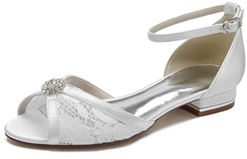 Sandales À Bout Ouvert pour Femmes Bride Cheville Plat Chaussures De Mariage De Mariée Ballerines en Dentelle,Blanc,38 EU