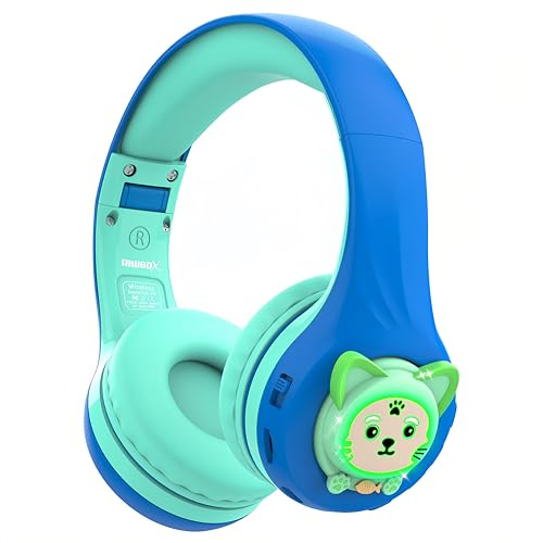 Riwbox Kids Bluetooth Headphones, CB-7S Bluetooth Wireless Over Ear Headphones LED Light Up with Mic and Safe Volume Control for iPad/Travel/School/Laptop/PC/TV (Blue&Green)