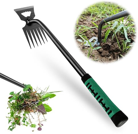 Gartenarbeit Hand Unkrautstecher, Gartenwerkzeug Unkraut Entferner Gerät, Entwurzelungswerkzeug Unkrautjäter mit Langem Stiel Unkrautjäter Fugenkratzer mit Stiel Gummigriff 6 Zähne