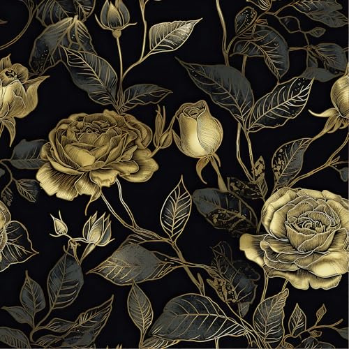 LACHEERY Papier Peint Fleuri Rose Vintage Noir Or Adhesif Mural Chambre 44.5cm x 200cm Papier Peint Adhesif Mural Floral Noir Doré Vinyle Tapisserie Autocollante Murale Fleurs Decoratif Lavable Salon