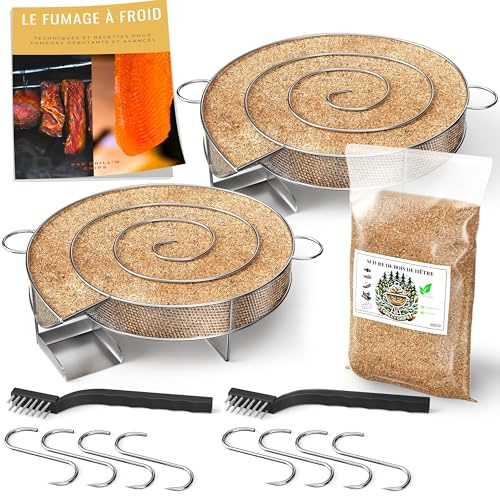 2 X Générateur/Serpentin de Fumée Froide pour Fumoir Viande et Poisson + 500 Gr de Sciure de bois de hêtre + 8 crochets et 2 Brosse de nettoyage - Guide Numérique PDF à Télécharger