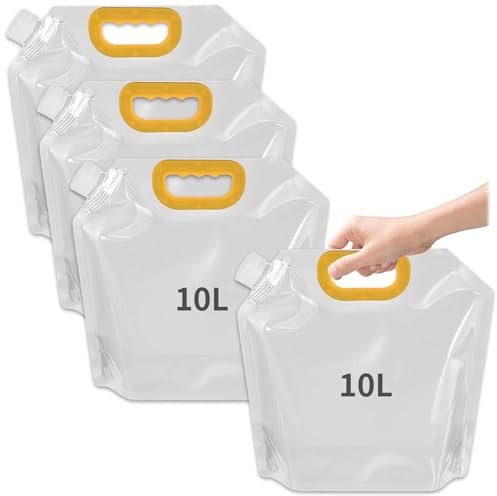 Jiavlyx 4 Pièces Bidon Pliable 10L, Transparent Sac d'eau Pliable, sans BPA, Eau Potable Conteneur, Réutilisable Bidon d'eau Flexible, Poche d'eau Portable, pour Camping en Plein Air Randonnée