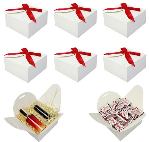 Festa Centro Scatola Regalo Bianca Quadrata in Carta Kraft 50pz 12 x 12 x 6 cm con Nastro Rosso per Feste, Compleanni, Matrimoni, Bomboniere