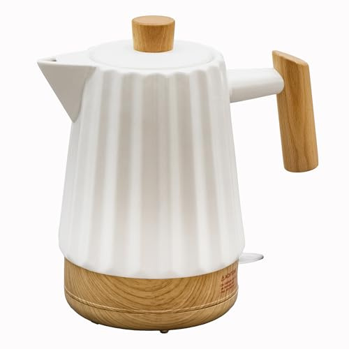 Keramik Wasserkocher 1,7 L weiß – mit Holzgriff & Holzknauf, 360°-Sockel, LED, lebensmittelechte Silikondichtung, BPA-frei, 1500 W, Retro Design, langlebig & stilvoll – Modell ALLEGRO