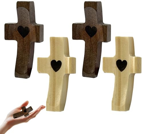 ZhongShuang 4 Stück Geschnitzte Holzkreuz Mit Herzen, Klein Holzkreuz,Handschmeichler Kreuz Aus Naturholz, Handgeschnitztes Liebeskreuz Aus Holz Mit Herzen Für Andachtsgebete Taufe Kommunion