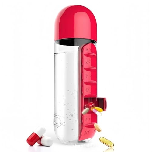 Generico 2 in 1 Bottiglia d'acqua portatile con Organizzatore della scatola della pillola 7 giorni Scatola del pianificatore Containeri dei casi della medicina di viaggio (Rosso)