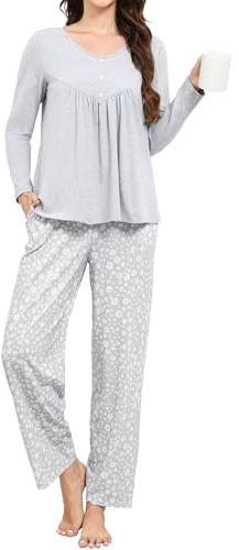 Reliwel Pijamas Mujer Largo Invierno Pijama Cómodo Conjunto Pijamas Mujer Cuello en V con Pantalón - Ropa de Estar por Casa con Estampado Floral Gris, S