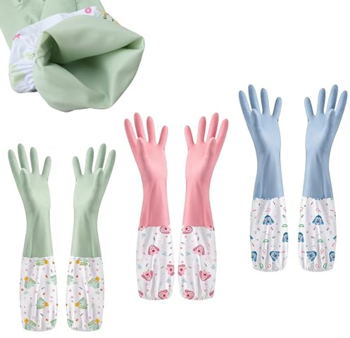 LOLANIUT 3 Stück Lange Gummihandschuhe, Wasserdichte Spülhandschuhe für Küche, Bad & Garten, Chemikalienbeständig, Weich, Rutschfest, Langlebig & Wiederverwendbar in Rosa, Blau und Grün