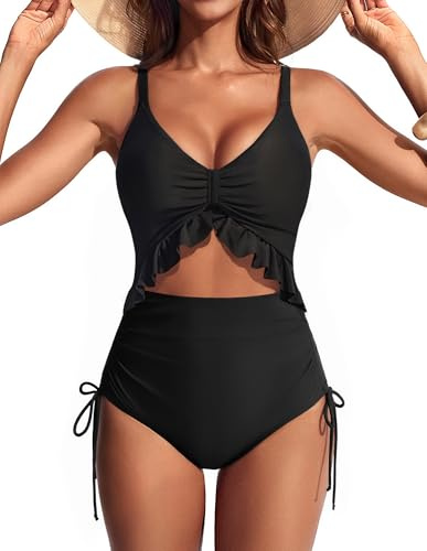 Hanna Nikole Tummy Control Swimsuit One Piece for Women 2026 V Neck Adjustable Straps Monokinis High Waist Ruffled Swimwear Black