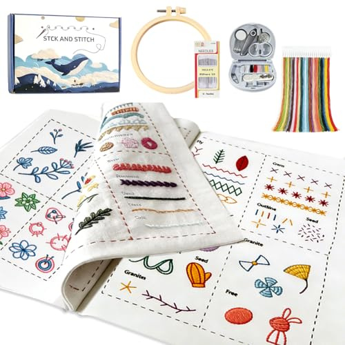 Juego de bordado para principiantes y adultos, juego de bordado de lino con múltiples patrones, puntadas creativas, juego completo de iniciación, incluye marco de bordado, hilo y herramienta de