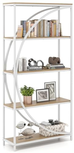 COSTWAY 5/6-Tier Bookshelf, Industrial Etagere Bookcase with Arc-Shaped Design and Open Shelves, Freestanding Metal Frame Tall Display Shelf Storage Organizer (Natural, 86 x 30 x 175 cm)