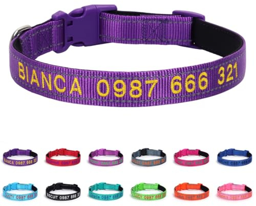 Yonsbox Collare per Cani Personalizzato con Ricamo – Collare in Nylon Riflettente con Nome e Numero di Telefono, Imbottitura Morbida, Regolabile, Sicuro e Resistente