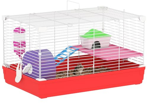 PawHut Hamster Cage, Small Gerbil Cage 2 Tiers Portable w/ Handle, Exercise Wheel, Water Bottle, Dishes