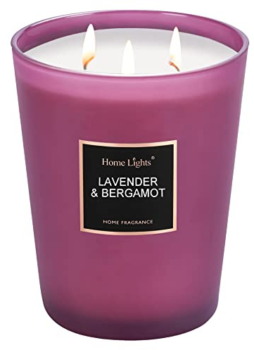 HomeLights Velas de soja altamente perfumadas, grandes, 33.3 oz para el hogar, 3 mechas de algodón, sin humo, de larga duración, 130 horas en lavanda y bergamota, regalo para mujeres y hombres