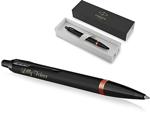 PARKER IM Vibrant Rings Kugelschreiber mit Gravur | Premium Stift | Geschenkbox | blaue Mine | edel | personalisiertes Geschenk | Namen | graviert | Jahrestag | Geburtstag (Orange)