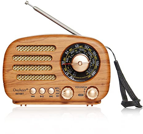 Oncheer Portable Vintage Decor Radio, Retro Bluetooth Speaker, FM/AM/SW Old Fashion Classic Style, Adjustable Antenna, Rechargeable Battery Powered, Support TF Card, USB Playing Music-Light Color