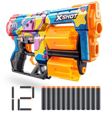 XSHOT Skins Dread Blaster - Poppy Playtime (Kissy) di Zuru con 12 freccette, doppia canna girevole, tecnologia Air Pocket, giocattolo in schiuma per bambini, ragazzi e adulti