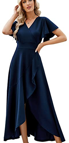 ZZV Formal Dresses for Women Gowns Evening Party Cocktail Dress, Long Split Elegant V Neck Wrap Ruffle Wedding Guest Dresses Navyblue-L