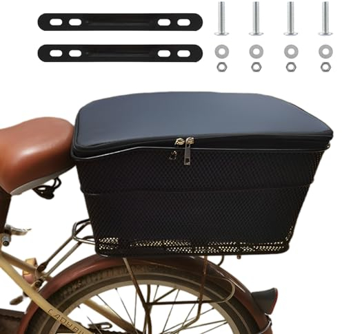 FWEEK Fahrradkorb Hinten, 40x30x20cm Fahrradkorb Groß HintenFahrradkorb Gepäckträger Korb aus Metall, Schwarz Gepäckträgerkorb mit Fahrrad-Heckkorbauskleidung