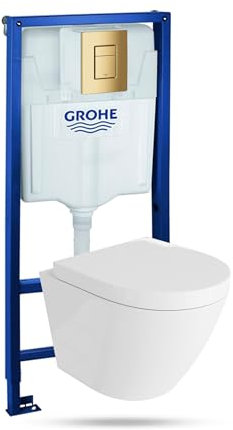 LAVITA Elemento da parete Solido + parete sospeso WC Sogo bianco senza bordi + sedile WC con abbassamento automatico dorato, set completo da incasso per WC