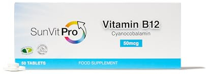 SunVit-D3 Vitamin B12 Tablets High Strength Cyanocobalamin 50mcg Support to the Reduction of Tiredness, Fatigue & Immunity One Month Plus Supply Made in UK - 50 B12 Tablets
