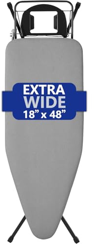 BKTD Extra-Wide Ironing Board – 48×18 Large Surface (57 w/Iron Rest) • Built-in Clothes Rack, Hanger & Cord Holder • Heat-Resistant Cover • Heavy-Duty, No Wobble • Adjustable Height • Black Grey.