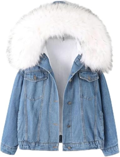 Suncadmious Donne Collo di Pelliccia Giacca di Denim con Cappuccio Spesso Velluto Shaggy Sciolto Bomber Giacca di Jeans Caldo Pile Foderato Cotone Imbottito