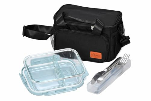 Phophia Bolsa Termica Porta Alimentos, Nevera Portatil Pequeña, Lonchera de Trabajo, Lunc Bag,Tupper de Cristal, Fiambrera Comida Trabajo, Taper De Cristal Hermetico Y Porta Cubiertos Para Llevar.