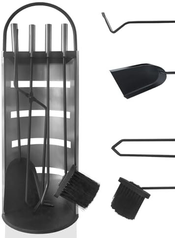 FIVMEN Juego de utensilios para chimenea (5 piezas, incluye escoba, pala para cenizas, atizador, pinzas y soporte), color plateado