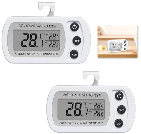 2 Pezzi Termometro Frigorifero, Termometro Digitale per Frigorifero, Termometro Impermeabile con Gancio, Display LCD Grande, Funzione Registrazione Max/Min, Ideale per Casa, Gamma da -20℃ a 50℃