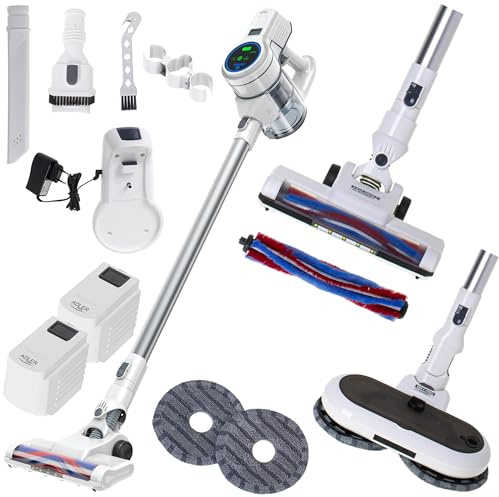ADLER Aspirapolvere Senza fili con Funzione Lavapavimenti 2 in 1 per la Pulizia a Secco e a Umido - Aspirapolvere Senza fili da 13000 Pa con Display Intelligente - Aspirapolvere Senza fili con Dock