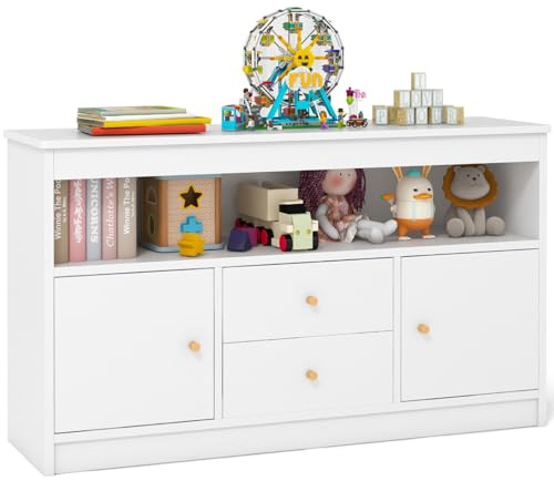 GYMAX Kids Storage Cabinet, Wooden Children Bookcase with Open Shelf, 2 Drawers & 2 Door Cabinets, Toy Storage Organizer for Playroom Bedroom Nursery (White)