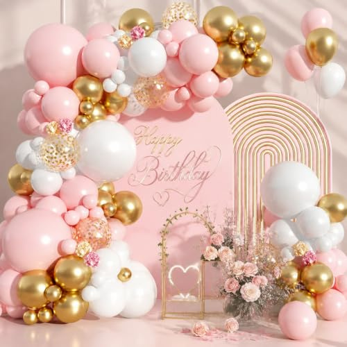 Pink Balloon Arch Kit - 105pcs Pink and Gold Balloon Arch with White Gold Confetti Balloons for Girls Birthday Baby Shower Wedding Bridal Shower Princess Party Decorations Christening Decorations
