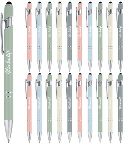 Tenare 20 Stück Glücksstift Schwarze Tinte Kugelschreiber mit Touchpen Inspirierende Druckkugelschreiber für Prüfung Abitur Aufmunterung Genesung Kollegen Familien (Sanfte Farben)