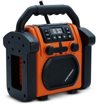 METRONIC 477227 Baustellenradio FM Bluetooth mit wiederaufladbarem Backup-Akku – robust, stoßfest, staubdicht, spritzwassergeschützt – Orange