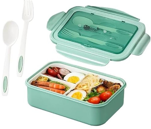 Générique Boîte à lunch 1400ml avec couverts – 3 compartiments – Bento étanche – Micro-ondes & lave-vaisselle – Sans BPA – Pour bureau, école, pique-nique