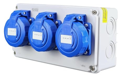 RoadEu Caja de Distribución IP67 con 3 Tomas 230V 16A, Cuadro Eléctrico Exterior Impermeable Precableado para Jardín, Taller y Obra