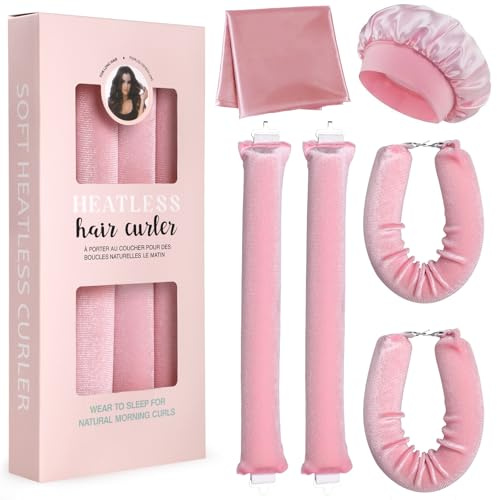 4pcs Bigodini Capelli Senza Calore，GeeRic Bigodino Lungo per Boccoli+Cuffia Doccia+Foulard da Fisso Flessibile Boccoli Arricciacapelli per Capelli DIY Salone Strumento a Styling Dormo (Rosa)
