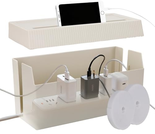 KabelBox med lock, kabelhanteringslåda för förvaring och döljning av grenuttag och elkablar för kontor och hem, inklusive kardborreband (vit)